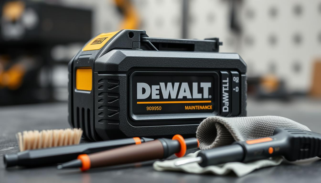 A well-lit, close-up shot of a DeWALT battery pack resting on a workbench. The battery's surface features a textured, rugged design with the DeWALT logo prominently displayed. In the foreground, a set of maintenance tools, such as a brush, a cleaning cloth, and a multimeter, are neatly arranged, suggesting the importance of proper care and upkeep. The background is slightly blurred, focusing the viewer's attention on the battery and the maintenance accessories. The overall tone is one of professionalism and attention to detail, emphasizing the importance of maintaining DeWALT batteries for optimal performance and longevity.