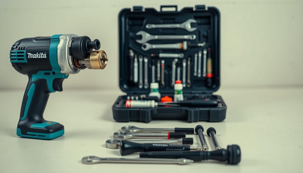 A well-lit close-up shot of a Makita 1/2 inch impact wrench, with its internal components meticulously arranged on a clean, neutral-colored workbench. The wrench's exterior is shown in crisp detail, highlighting its sturdy construction and ergonomic design. The middle ground features an open tool case, neatly displaying a selection of maintenance tools, such as wrenches, screwdrivers, and lubricants. The background is softly blurred, creating a sense of focus on the task at hand. The overall atmosphere conveys a professional, organized, and informative tone, suitable for illustrating the "How to Maintain Your Makita 1/2 Impact Driver" section of the article.