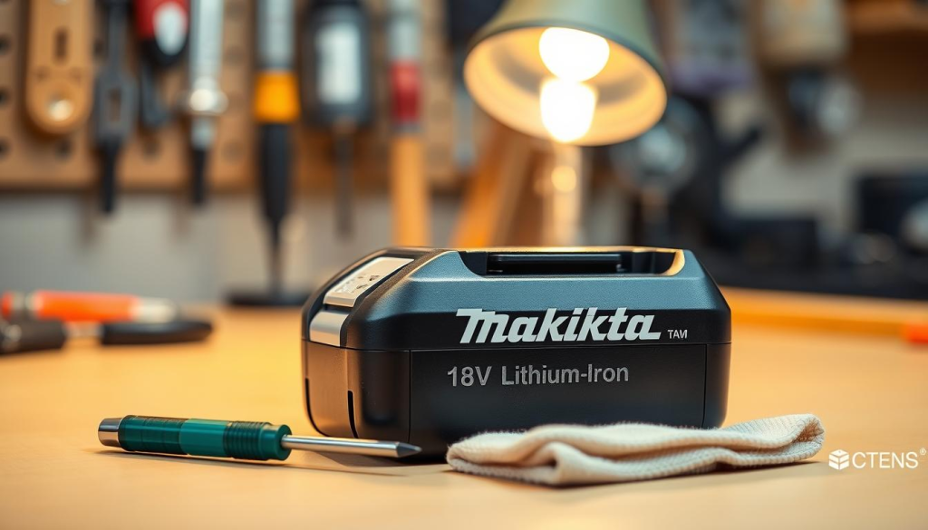 A well-lit, close-up shot of a Makita 18V lithium-ion battery pack resting on a clean, organized workbench. The battery's surface reflects the warm glow of a desk lamp, revealing its sleek black housing and the Makita logo. In the foreground, a small screwdriver and a soft cloth are neatly arranged, suggesting the process of battery maintenance. The background is blurred, with subtle hints of workshop tools and equipment, creating a sense of a professional, well-equipped environment. The overall mood is one of attention to detail, care, and the importance of proper battery upkeep for reliable power tool performance.