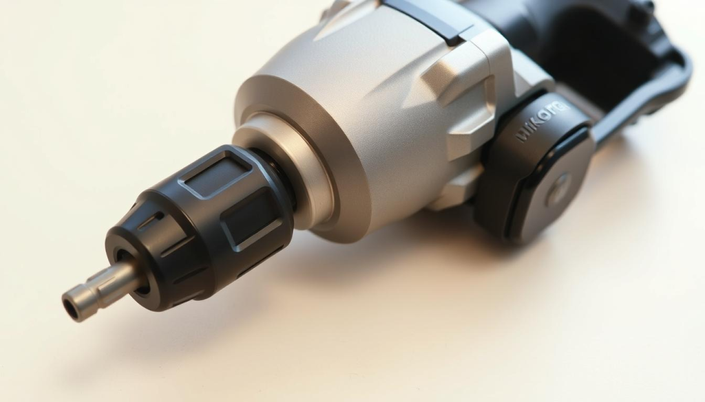 A well-lit, close-up shot of a Makita 3/8-inch impact wrench, showcasing its robust and durable construction. The wrench is positioned on a clean, neutral-toned surface, allowing the tool's metallic grey and black accents to stand out. The image should capture the wrench's intricate details, such as the ergonomic grip, high-torque mechanism, and any visible maintenance points like access panels or lubrication ports. The overall composition should convey a sense of precision, reliability, and the importance of proper maintenance for ensuring the longevity of this powerful tool.