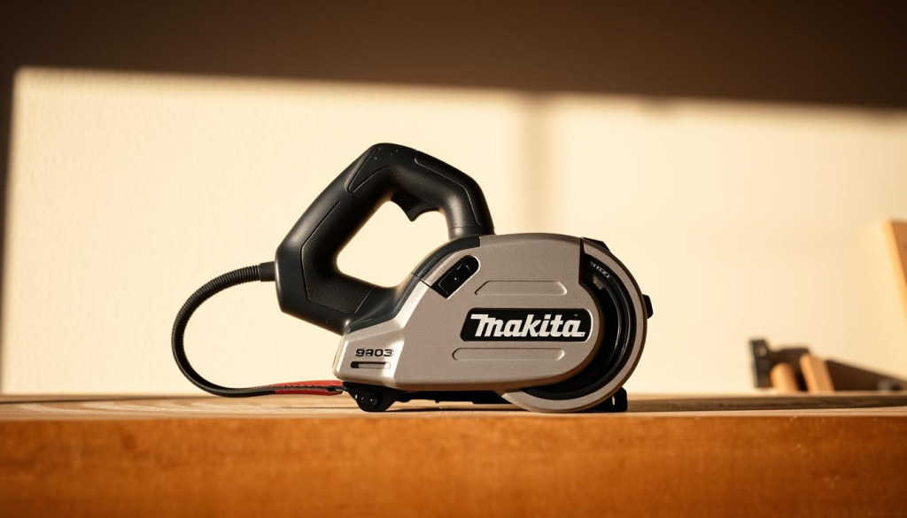 A well-lit, close-up shot of a Makita 9403 belt sander placed on a workbench against a neutral background. The sander is captured in a three-quarter view, showcasing its ergonomic design with a soft, rubberized grip and a metal housing with the Makita logo prominently displayed. The sanding belt is visible, creating a sense of the tool's functionality. The lighting is warm and directional, casting subtle shadows that accentuate the sander's contours and textures. The overall mood is one of thoughtful consideration, inviting the viewer to appreciate the tool's quality and attention to user experience.