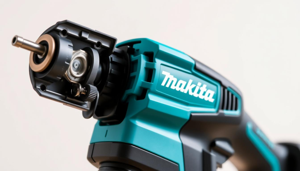 A well-lit close-up shot of a Makita Flipper power tool, its sleek black and teal housing gleaming under soft studio lighting. The foreground showcases the tool's flip-open compartment, revealing its inner mechanisms - gears, springs, and hinges, all meticulously engineered for smooth, reliable operation. The middle ground focuses on the tool's ergonomic handle and control switches, suggesting the ease of use and precision handling. The background subtly fades to a neutral, clean environment, allowing the Flipper to take center stage as the star of the image, ready to illustrate the "Tips for Maintenance and Care" section of the article.