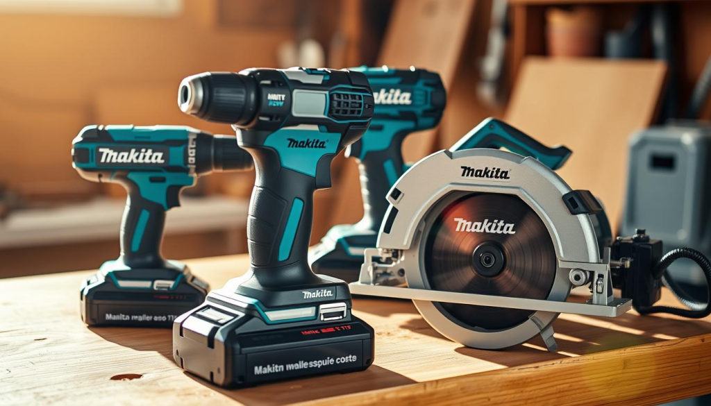 A well-lit, close-up shot of a Makita cordless power tool combo kit on a wooden workbench. The kit includes a drill, impact driver, and circular saw, all with their Makita branding prominently displayed. The tools are arranged neatly, showcasing their sleek, modern designs. Warm, natural lighting from the side casts dynamic shadows, highlighting the textures and contours of the tools. The background is blurred, keeping the focus on the high-quality, professional-grade Makita combo kit. The overall mood is one of quality, reliability, and customer satisfaction.