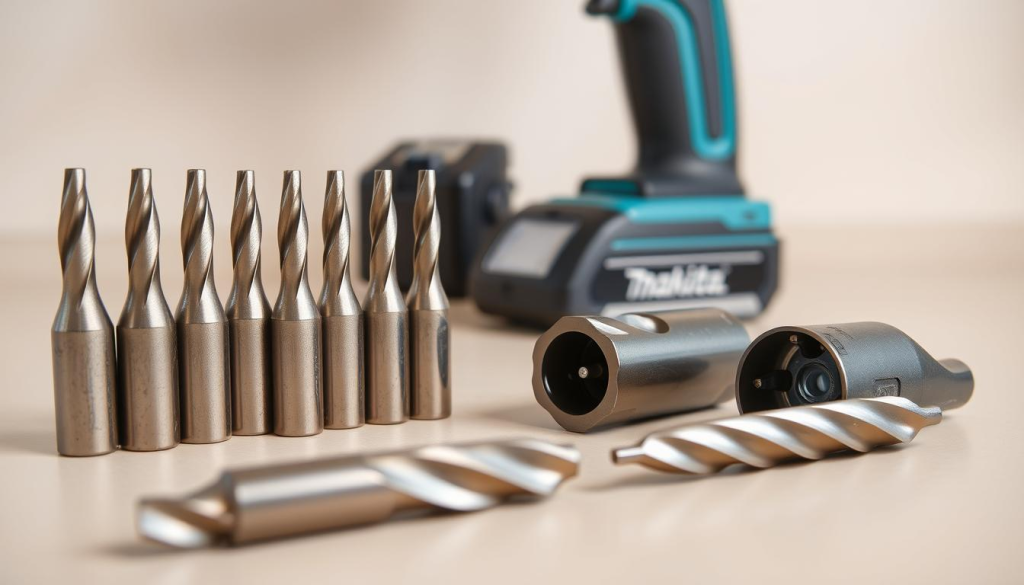 A well-lit, close-up shot of a Makita drill bit set arranged neatly on a clean, neutral-colored surface. The bits are gleaming, their sharp edges and intricate grooves meticulously maintained. In the foreground, a couple of the bits are disassembled, exposing their inner workings, showcasing the precision engineering. In the background, a Makita cordless drill stands ready, its battery charged and its chuck opened, inviting the viewer to imagine the drill in action. The lighting is soft and diffused, creating a sense of professionalism and care. The overall composition emphasizes the importance of proper maintenance for ensuring the long-lasting performance of this high-quality tool set.