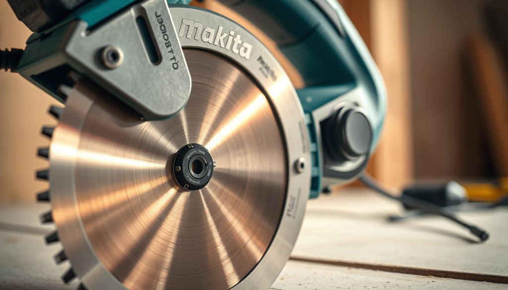 A well-lit close-up shot of a Makita drywall cutter, showcasing its intricate inner workings. The cutter's blade is prominently displayed, gleaming under the soft lighting, with the dust collection system and power cord visible in the foreground. The middle ground features the cutter's ergonomic handle and controls, highlighting the attention to detail in its design. The background blurs softly, emphasizing the focus on the cutter's maintenance-related components. The overall mood is one of precision, functionality, and the importance of proper care for this essential tool.