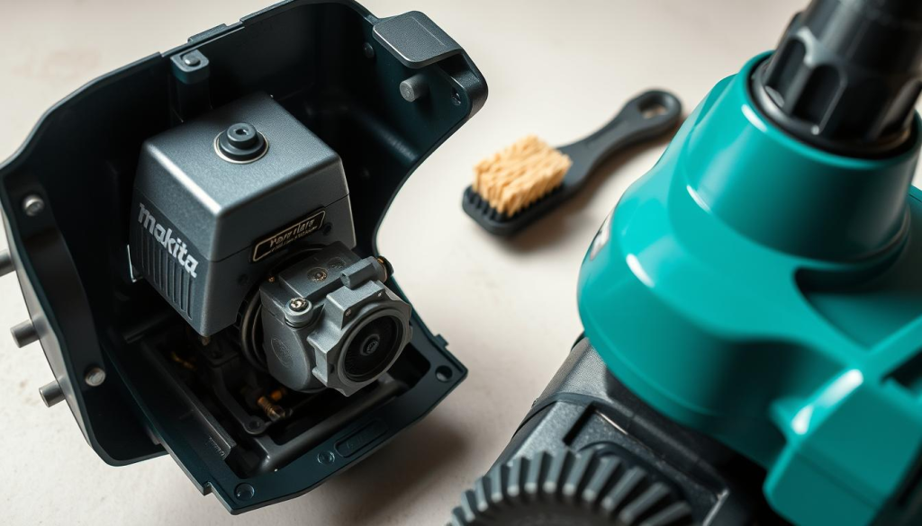 A well-lit, close-up shot of a Makita edger's maintenance process. The foreground features the open casing, revealing the inner components - the engine, carburetor, and air filter. The middle ground showcases the tools needed for the maintenance - a wrench, screwdriver, and a brush. The background is a clean, neutral workspace, emphasizing the attention to detail. The lighting is soft and evenly distributed, casting subtle shadows that accentuate the textures and forms. The overall mood is one of precision and care, inviting the viewer to understand the importance of proper Makita edger maintenance for optimal performance and longevity.
