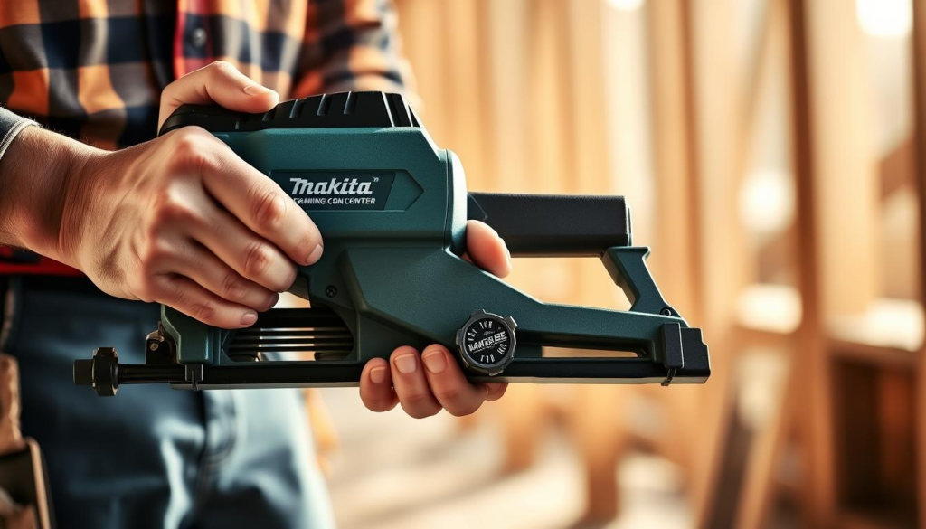 A well-lit, close-up shot of a Makita framing gun being used by a construction worker's hands, showcasing the tool's ergonomic design and sturdy build. The gun is in the foreground, with a blurred background of a construction site, hinting at its practical application. The lighting is natural and warm, casting subtle shadows that emphasize the tool's textured surfaces and precise mechanisms. The composition is balanced, drawing the viewer's attention to the tool's key features and conveying a sense of quality and reliability.