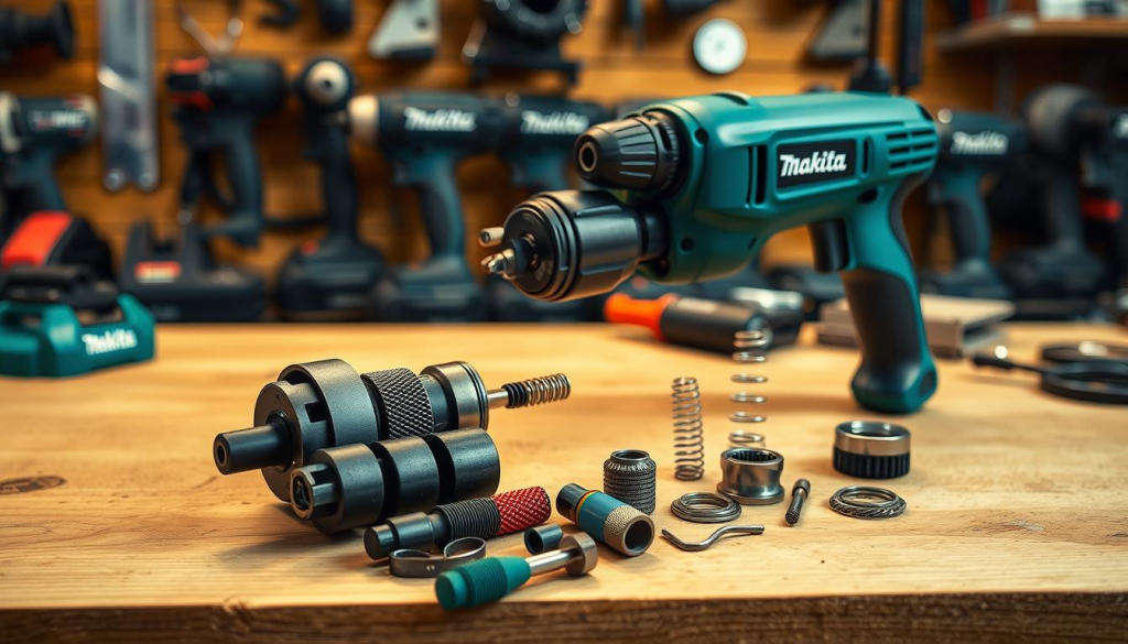 A well-lit, close-up shot of a Makita impact gun disassembled on a clean, wooden workbench. The various components - driver bits, brushes, springs, and bearings - are neatly arranged in the foreground, showcasing the intricate mechanism. Warm, soft lighting illuminates the scene, creating an atmosphere of focus and precision. In the background, a blurred assortment of Makita power tools and accessories suggests a professional workshop environment. The image conveys the importance of thorough maintenance for ensuring the longevity and optimal performance of this powerful tool.