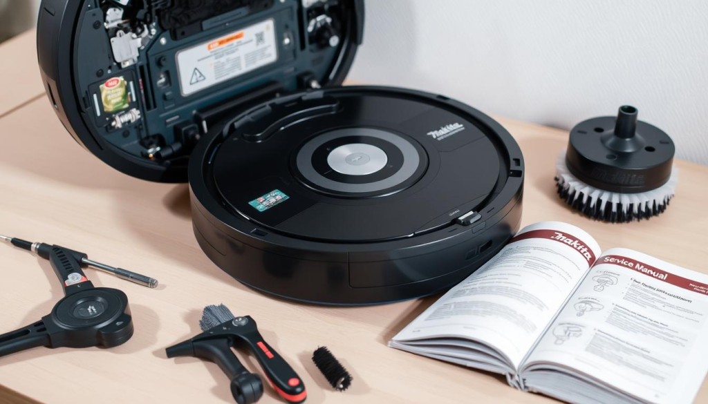 A well-lit, close-up shot of a Makita robot vacuum cleaner being serviced on a clean, organized workbench. The foreground shows the robot's internal components exposed, with various maintenance tools and brushes arranged neatly around it. The middle ground features a Makita-branded service manual open to a relevant page, providing step-by-step instructions. The background has a minimalist, white or light-colored wall, creating a sense of focus on the maintenance process. The overall mood is one of attention to detail, technical expertise, and the importance of proper care for high-performance home appliances.
