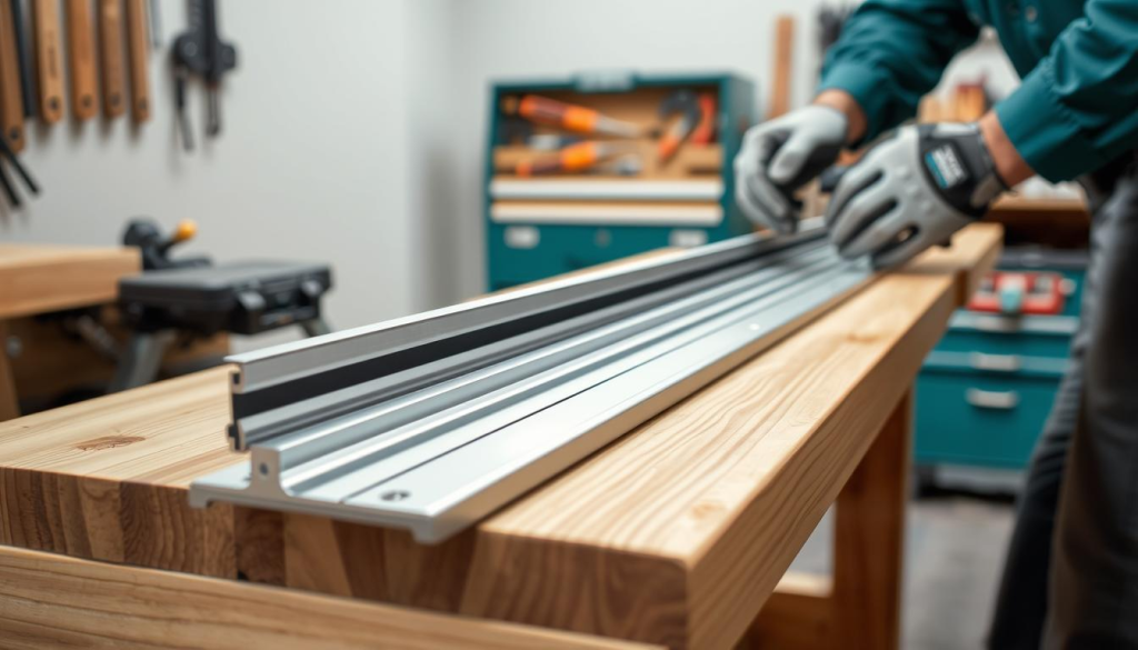 A well-lit, close-up shot of a Makita track saw guide rail being carefully installed on a sturdy wooden workbench. The foreground features the guide rail, its sleek aluminum profile and rubber gaskets precisely aligned with the bench's edge. In the middle ground, a pair of hands, wearing work gloves, meticulously secure the rail in place using clamps and screws. The background showcases a neatly organized toolbox, highlighting the attention to detail required for this delicate installation process. The scene conveys a sense of focused professionalism, with the overall mood being one of careful precision and attention to detail.