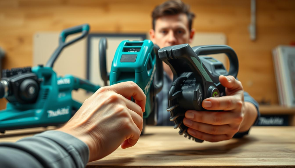 A well-lit, close-up shot of a person's hands carefully inspecting and comparing different Makita edger models on a clean, organized workbench. The foreground focuses on the edgers, showcasing their distinct features, build quality, and ergonomic design. The middle ground captures the person's face in a thoughtful expression, hinting at the decision-making process. The background is a warm, neutral-toned space, creating a professional, authoritative atmosphere. Lighting is soft and directional, highlighting the textures and details of the edgers. The overall composition conveys the importance of making an informed choice when selecting the right Makita edger for one's lawn maintenance needs.