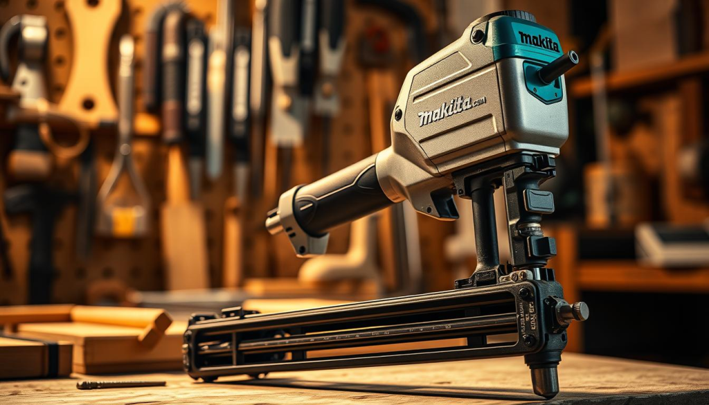 A well-lit, close-up shot of a professional-grade Makita framing nailer setup. In the foreground, the metallic body of the nailer is prominently displayed, showcasing its sturdy construction and ergonomic design. The background features a neatly organized workbench with various woodworking tools, creating a sense of a well-equipped workshop. Warm, directional lighting illuminates the scene, casting subtle shadows that accentuate the textures and details of the nailer. The overall composition conveys a sense of precision, attention to detail, and the specialized nature of this essential carpentry tool.