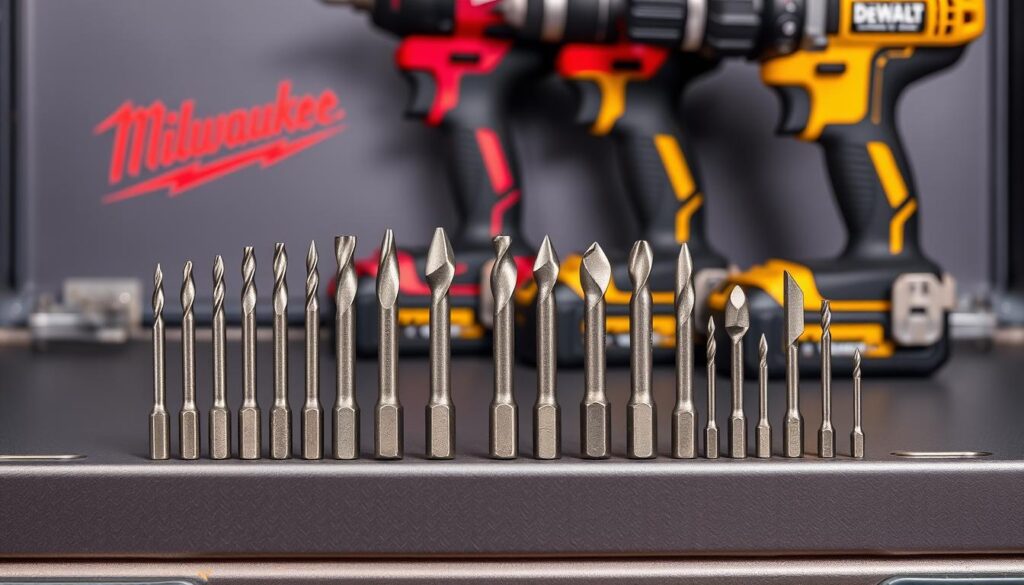 A well-lit, close-up shot of a variety of DeWalt drill bits and screwdriver bits placed neatly on a solid, dark-colored surface, such as a metal toolbox or workbench. The bits are arranged in an orderly fashion, showcasing their different sizes, shapes, and types. In the background, a set of Milwaukee power tools, including a cordless drill and impact driver, are visible, suggesting the seamless integration of DeWalt accessories with Milwaukee equipment. The image conveys a sense of functionality, professionalism, and the user's ability to mix and match high-quality tools from different brands to optimize their workflow.