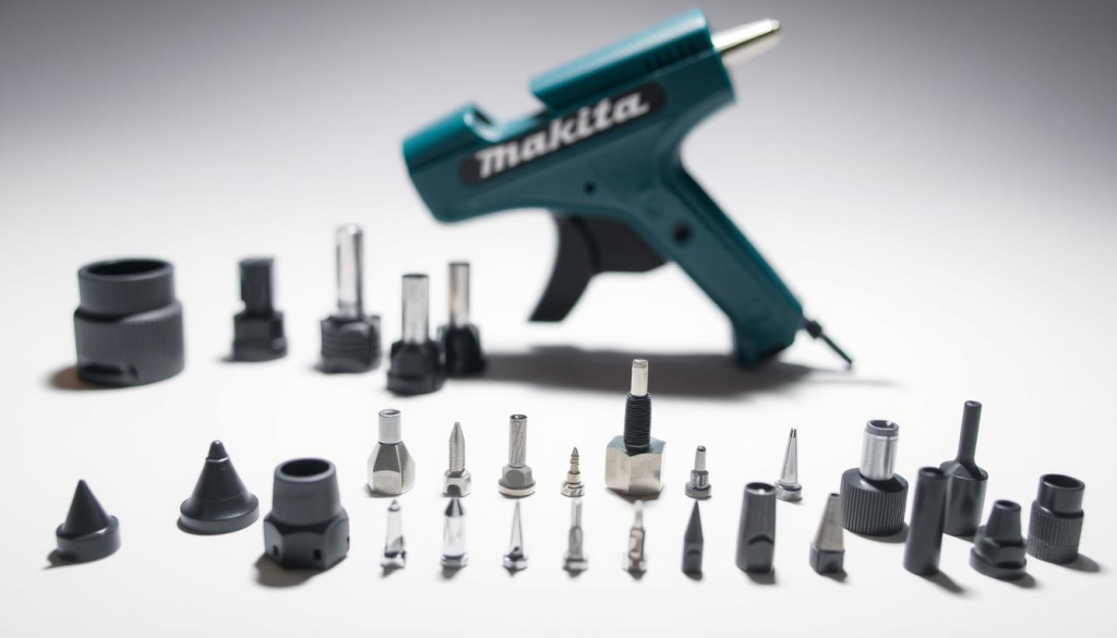 A well-lit, close-up shot of a variety of Makita glue gun accessories arranged on a clean, white background. In the foreground, a selection of nozzles, tips, and adapters in different sizes and shapes, showcasing the versatility of the Makita system. In the middle ground, a Makita glue gun itself, casting a subtle shadow and highlighting its sleek, ergonomic design. In the background, a subtle gradient or plain backdrop to keep the focus on the products. The lighting should be bright and even, with a slight specular highlight to accentuate the materials and textures of the accessories.