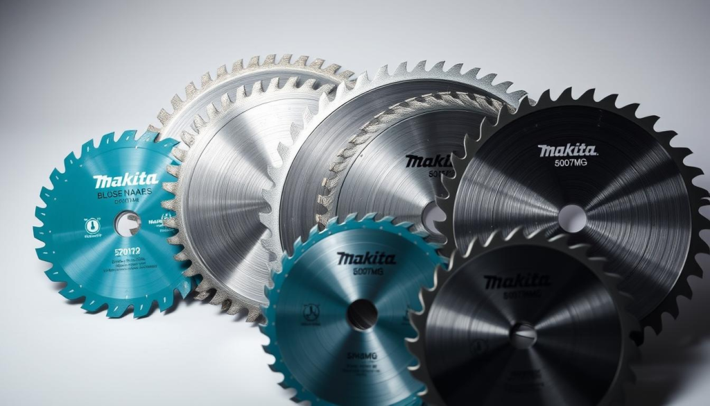 A well-lit, close-up shot of an assortment of Makita 5007MG circular saw blades, showcasing their diverse options and versatility. The blades are displayed on a clean, neutral background, allowing their features to take center stage. The image captures the precision and craftsmanship of the blades, highlighting their sharp teeth, sturdy construction, and variety of sizes and tooth counts. The lighting is soft and diffused, creating a professional, technical atmosphere that emphasizes the importance of blade selection for the Makita 5007MG saw. The composition is balanced and visually appealing, inviting the viewer to explore the different blade options and their potential applications.