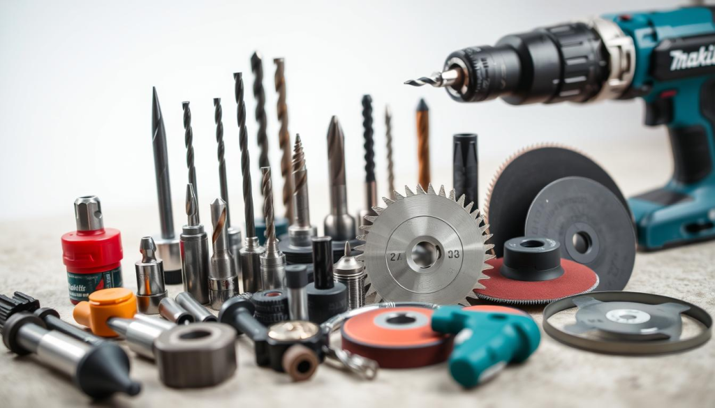 A well-lit, close-up shot of an assortment of Makita power tool accessories, including drill bits, saw blades, sanding discs, and other essential workshop tools. The accessories are neatly arranged on a clean, neutral-colored surface, with a subtle background that highlights their professional-grade quality and versatility. The image captures the diverse range of Makita accessories that complement the brand's renowned power tools, showcasing their durability, precision, and suitability for a wide variety of DIY and home improvement projects.