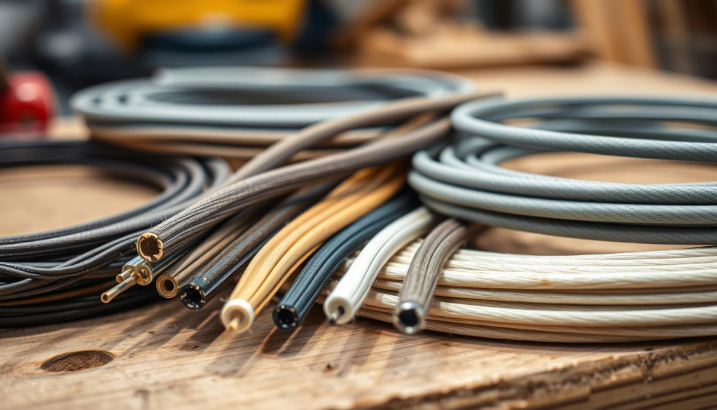 A well-lit close-up shot of an assortment of different thickness and material trimmer lines arranged on a wooden workbench. The lines are neatly displayed, showcasing their varying diameters, textures, and colors. The focus is sharp, and the lighting casts subtle shadows to accentuate the lines' physical attributes. The background is blurred, allowing the trimmer lines to be the focal point. The overall scene conveys a sense of careful consideration and thoughtful decision-making when choosing the right trimmer line for a specific task.