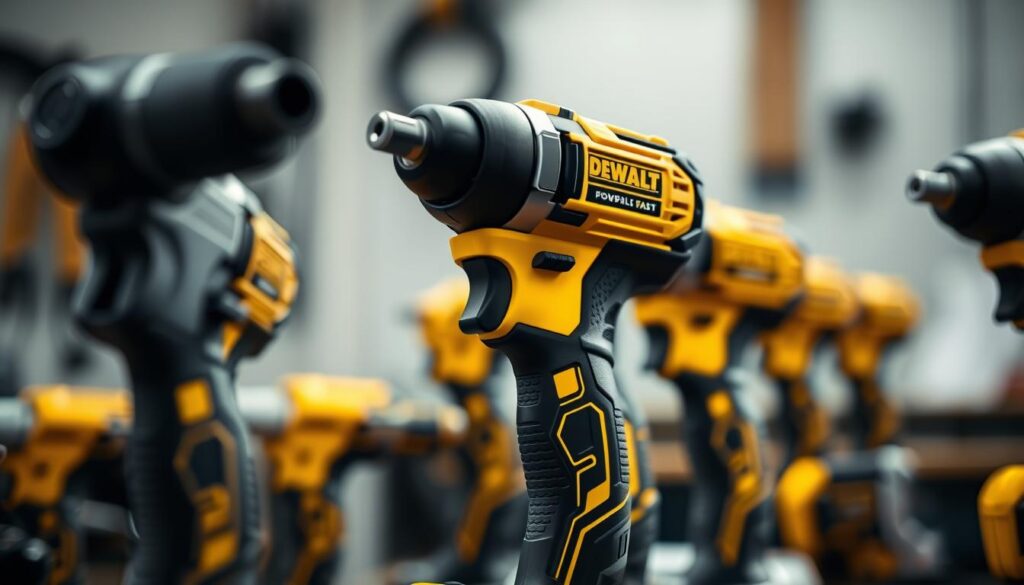 A well-lit close-up shot of several DEWALT 007 power tools, showcasing their sleek black and yellow design. The tools are positioned prominently in the foreground, with a soft, blurred background that suggests a professional workshop or workbench setting. Subtle shadows and highlights accentuate the tools' textures and contours, conveying a sense of quality and durability. The image captures the tools' key features and exudes a sense of power and reliability, perfectly aligning with the "Customer Reviews and Feedback" section of the article on the "DEWALT 007: The Ultimate Power Tool."