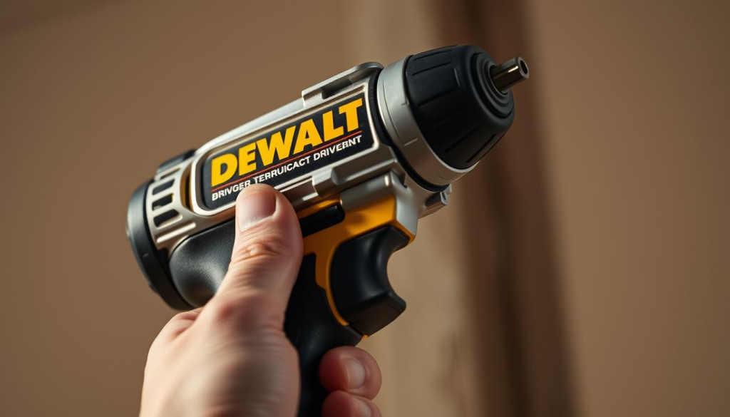 A well-lit, close-up shot of the DEWALT Quiet Impact Driver resting comfortably in a person's hand. The driver's brushed metal body gleams under soft, diffused lighting, highlighting its sleek, ergonomic design. The user's fingers gently grasp the driver's rubber-coated grip, showcasing its comfortable, non-slip texture. In the background, a blurred, neutral-toned environment emphasizes the driver's central focus. The overall scene conveys a sense of effortless power and precision, reflecting the key benefits of the DEWALT Quiet Impact Driver.