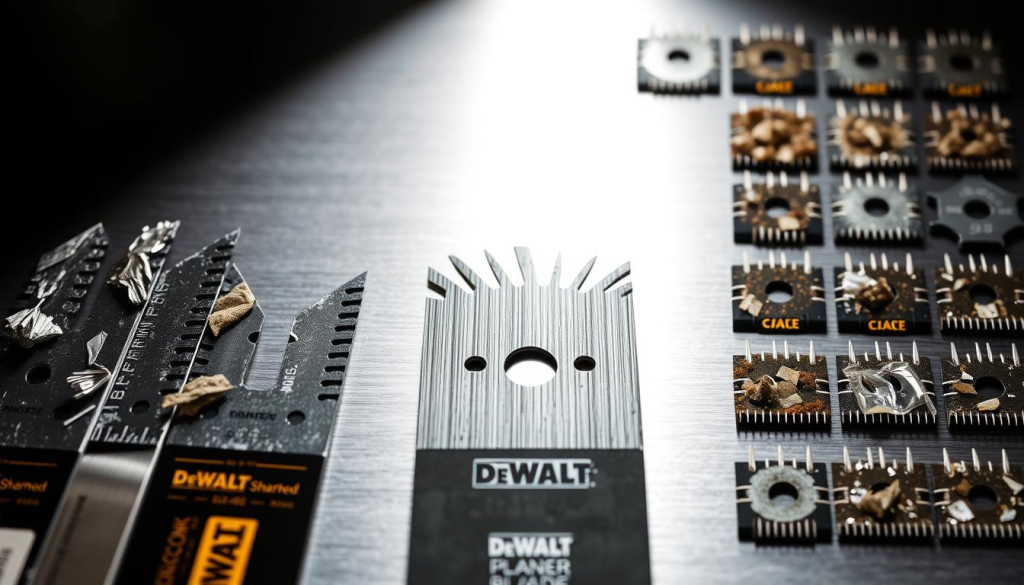 A well-lit, close-up shot of various DeWalt planer blades and the signs that indicate it's time to replace them. The foreground features several worn, damaged blades with chipped or dull edges, set against a clean, metallic background. The middle ground showcases a pristine, freshly sharpened replacement blade, its edges glinting under the bright, directional lighting. The background has an array of common planer blade wear patterns, such as uneven wear, discoloration, and build-up of residue. The image conveys a sense of technical precision and attention to detail, guiding the viewer to recognize when their own planer blades need to be swapped out for optimal performance.