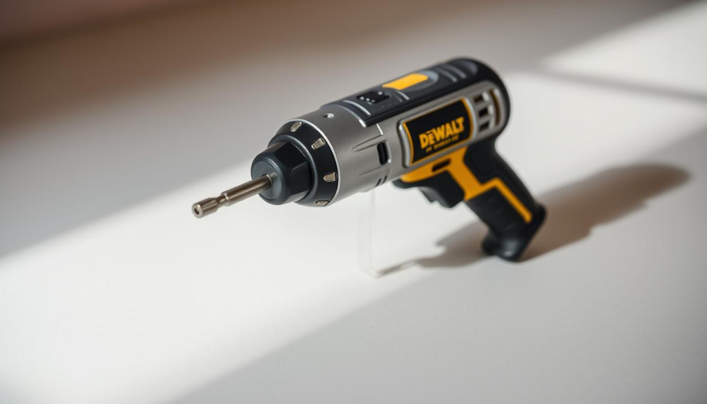 A well-lit, close-up view of a DEWALT 09320 versatility screwdriver on a clean, minimalist surface. The tool is positioned to showcase its sleek, durable design, with a metallic body and ergonomic grip. Soft shadows and highlights accentuate the screwdriver's various features, including its adjustable clutch, multiple drive bits, and swiveling head. The overall composition is balanced and focused, emphasizing the versatility and practicality of this power tool. The background is subtly blurred, keeping the spotlight on the DEWALT 09320 and its impressive capabilities.