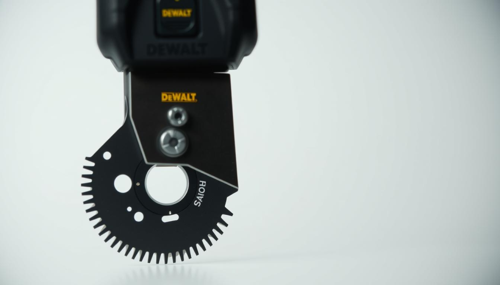A well-lit, close-up view of a DEWALT utility knife blade, showcasing its intricate design and mechanical components. The blade is positioned against a clean, neutral background, allowing it to be the focal point. The image should convey a sense of precision and attention to detail, as if the viewer is examining the blade up close to troubleshoot any potential issues. Subtle highlights and shadows accentuate the blade's features, such as its sharp edge, serrated teeth, and the mechanism that allows for easy blade replacement. The overall mood is one of technical focus and problem-solving.