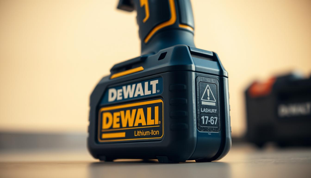 A well-lit, close-up view of a DeWalt cordless power tool battery pack, showcasing its sleek, modern design. The battery's blue and yellow color scheme stands out against a softly blurred background, emphasizing its sturdy, high-quality construction. The image is captured from a low angle, highlighting the battery's compact form and the prominent DeWalt logo. The lighting creates subtle shadows that accentuate the battery's contours, conveying a sense of power and reliability. The overall mood is one of precision, professionalism, and the benefits of advanced lithium-ion battery technology.