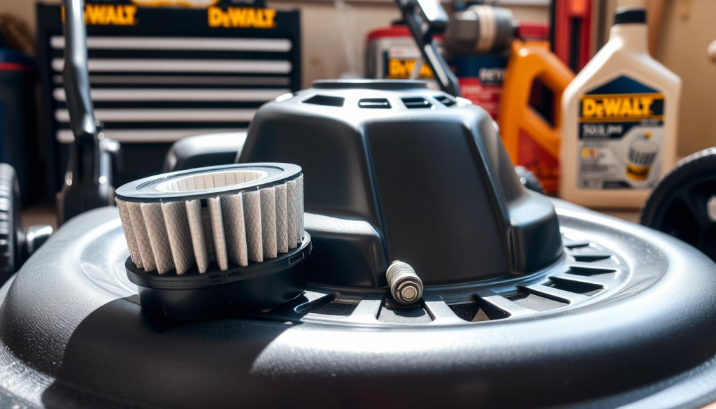 A well-lit, close-up view of a DeWalt push mower, showcasing its maintenance elements. In the foreground, the mower's air filter and spark plug are prominently displayed, highlighting the importance of regular inspection and replacement. The middle ground features the mower's deck, with its sharp, clean blades reflecting the sun's rays. In the background, a neatly organized toolbox and a bottle of DeWalt engine oil suggest a meticulously maintained workshop environment. The overall composition conveys a sense of attention to detail and a commitment to preserving the longevity of the DeWalt push mower.