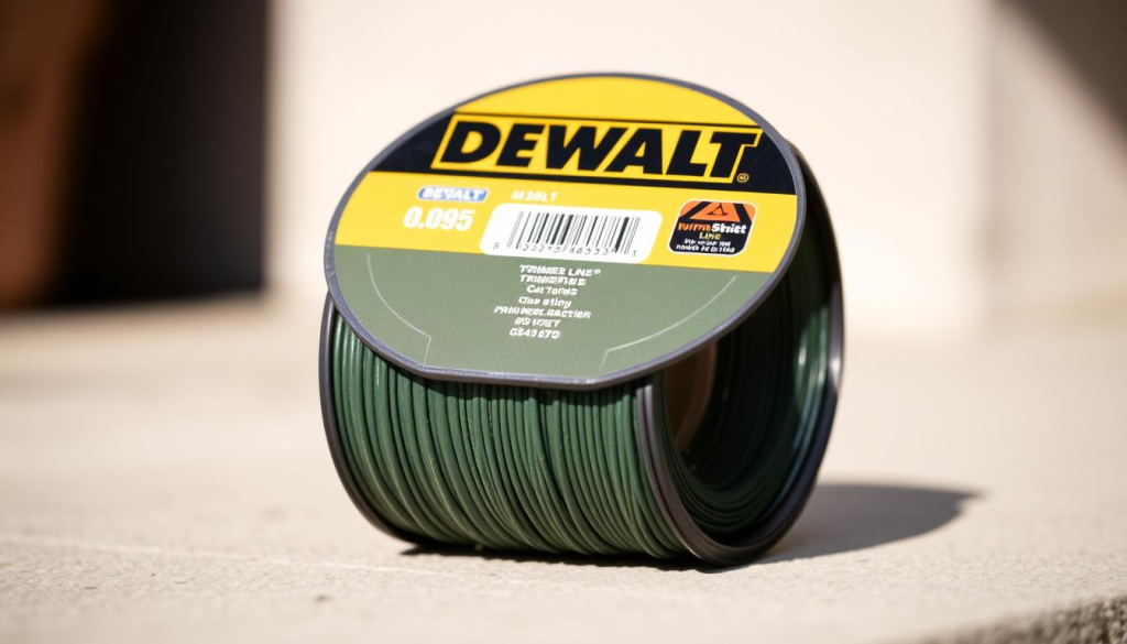 A well-lit, close-up view of a Dewalt 0.095 trimmer line spool, displaying the product's sturdy construction and quality materials. The trimmer line coils are neatly wound, showcasing its robust and durable design. The image captures the trimmer line's thickness and strength, conveying its ability to handle tough vegetation. The spool is placed against a softly blurred, neutral background, allowing the product to be the focal point. The lighting is natural and slightly directional, highlighting the trimmer line's texture and sheen. The angle is slightly elevated to provide an engaging, three-dimensional perspective of the product.
