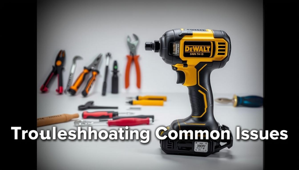 A well-lit, close-up view of a Dewalt 5-in-1 Multi Tacker tool, showcasing its various features and mechanisms. The device is positioned prominently in the foreground, highlighting its sleek, industrial design and sturdy construction. The middle ground features an assortment of common troubleshooting tools, such as screwdrivers, pliers, and a wrench, arranged neatly around the tacker. The background depicts a clean, neutral workspace, with a subtle gradient or texture to provide depth and context. The lighting is soft and diffused, creating a professional, informative atmosphere suitable for a technical illustration. The overall composition emphasizes the tool's versatility and the process of identifying and resolving potential issues, aligning with the subject of the article's "Troubleshooting Common Issues" section.