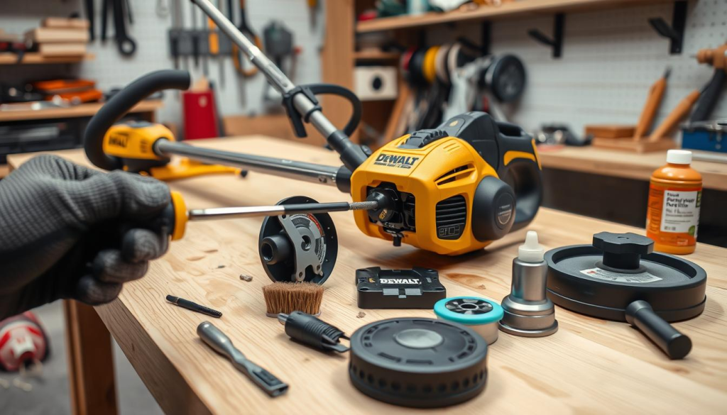 A well-lit, close-up view of a Dewalt string trimmer undergoing maintenance. The trimmer is positioned on a clean, wooden workbench, its disassembled components neatly arranged around it. In the foreground, a gloved hand holds a screwdriver, ready to perform intricate repairs. The middle ground features an array of specialized tools, including a brush, a spool of trimmer line, and a can of lubricant. The background showcases a tidy, organized workshop setting, with shelves of tools and supplies visible. The overall scene conveys a sense of care, attention to detail, and the dedication required to maintain this powerful lawn care tool.