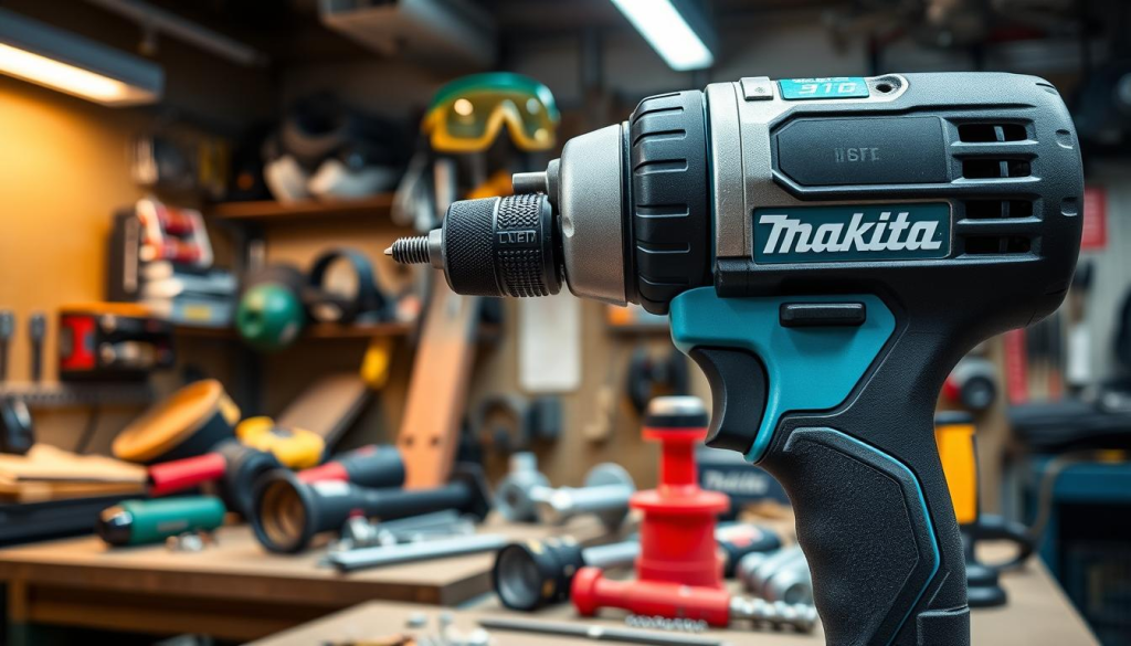 A well-lit, close-up view of a Makita 1/2 inch impact driver in a professional workshop setting. The driver is prominently displayed in the foreground, showcasing its sturdy construction and safety features such as a textured grip and an ergonomic trigger. In the middle ground, safety gear like protective goggles and heavy-duty gloves are visible, emphasizing the importance of personal protective equipment. The background depicts a cluttered workbench with various power tools, hardware, and materials, creating a sense of a functional, industrial environment. The overall mood is one of safety, professionalism, and attention to detail in DIY project execution.