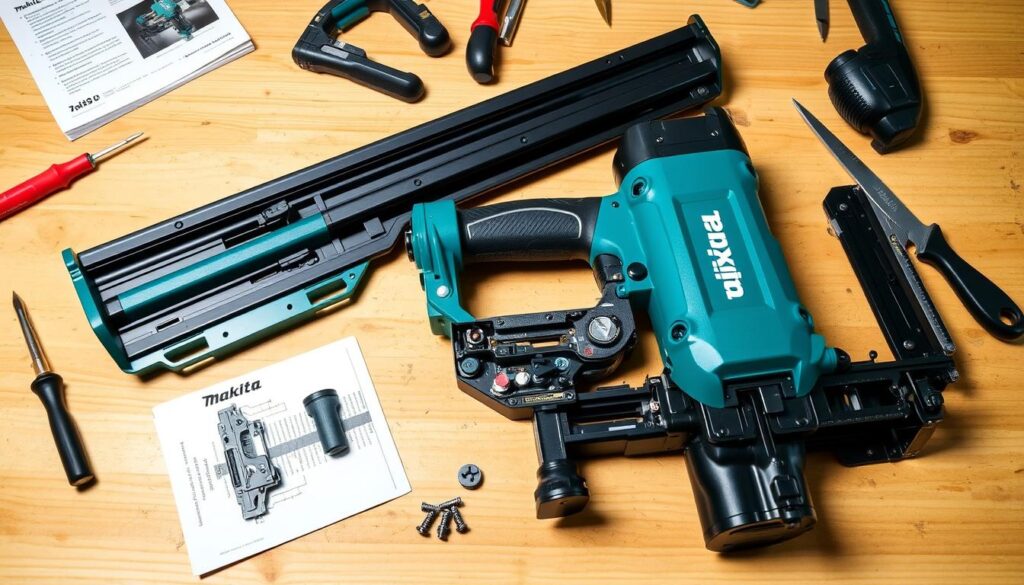 A well-lit close-up view of a Makita 18V cordless framing nailer, its components disassembled and laid out on a clean wooden workbench. The nailer's interior mechanisms are clearly visible, showcasing its intricate engineering. The scene conveys a sense of careful inspection and troubleshooting, with various tools and a maintenance manual nearby, suggesting a methodical approach to identifying and resolving any issues. The overall atmosphere is one of professional craftsmanship and attention to detail, reflecting the article's focus on the reliable performance of this carpentry tool.