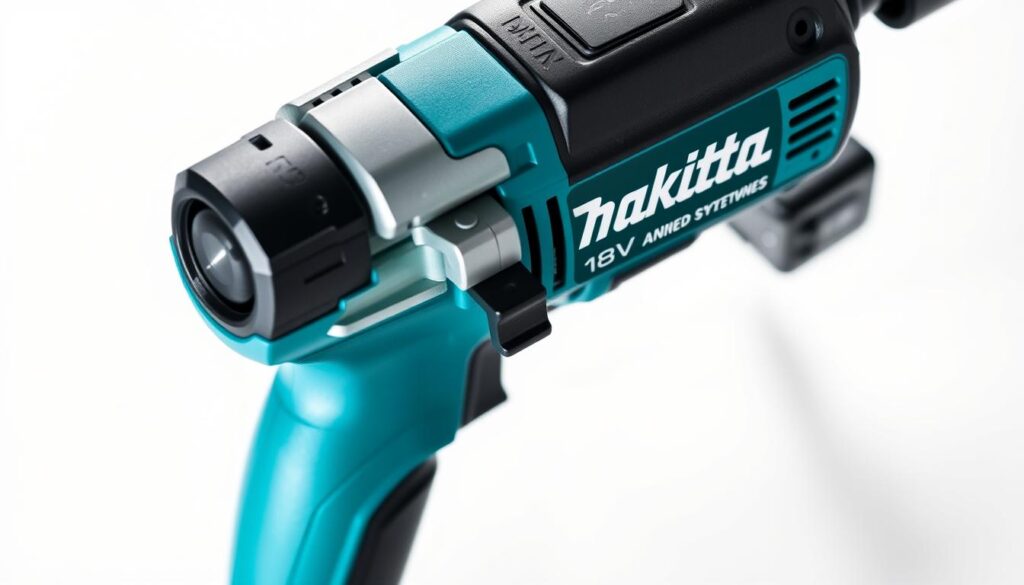 A well-lit, close-up view of a Makita 18V power tool, showcasing its advanced safety features. The tool is prominently displayed in the center, with a clean, white background to highlight its sleek, modern design. The image emphasizes the tool's robust construction and attention to safety, including details such as the ergonomic grip, safety switches, and other protective elements. The lighting is soft and directional, creating subtle shadows that accentuate the tool's form and features. The overall composition conveys a sense of professionalism, reliability, and attention to safety, capturing the essence of Makita's commitment to user protection.