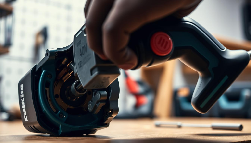 A well-lit, close-up view of a Makita 40V power tool being meticulously maintained. In the foreground, the tool's internal components are visible, showcasing their intricate design. The middle ground features the tool's exterior, with a focus on its sturdy construction and ergonomic grip. The background subtly suggests a clean, organized workshop environment, creating a sense of professionalism and attention to detail. The lighting is soft and directional, highlighting the tool's features and emphasizing the importance of proper maintenance. The overall atmosphere conveys a sense of care, precision, and the power of Makita's 40V technology.