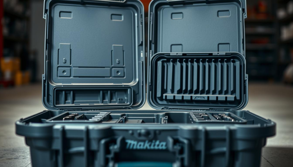 A well-lit, close-up view of a Makita MAKPAC modular storage case. The case is open, revealing its neatly organized interior compartments and accessories. Soft, directional lighting highlights the high-quality construction and durable materials. The foreground focuses on the case's sleek, gray exterior and interlocking design elements. The middle ground showcases the versatile interior organization, with various tool slots, dividers, and storage spaces. The background is blurred, emphasizing the case's practical functionality. The overall scene conveys a sense of efficiency, organization, and the thoughtful engineering behind Makita's MAKPAC system.