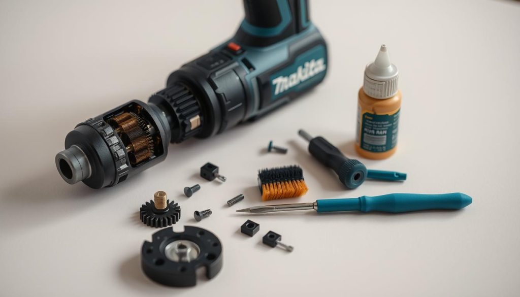 A well-lit, close-up view of a Makita XDT20 impact driver, with its components disassembled and meticulously arranged on a clean, neutral background. The foreground showcases the driver's inner mechanisms, such as the motor, brushes, and gears, highlighting the intricate engineering and attention to detail. In the middle ground, maintenance tools like a screwdriver, brush, and lubricant are neatly displayed, emphasizing the importance of regular care and upkeep. The background features a softly blurred, minimalist setting, allowing the viewer to focus on the subject. The overall mood is one of precision, technical expertise, and a commitment to extending the lifespan of this compact, versatile power tool.