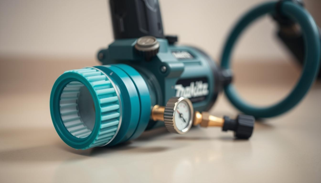 A well-lit, close-up view of a Makita air inflator with a focus on its maintenance components. The inflator is placed on a clean, neutral-colored surface, allowing the details to stand out. The foreground showcases the inflator's air filter, inlet valve, and pressure gauge, highlighting the key areas that require regular inspection and cleaning for optimal performance. The middle ground includes the inflator's body and hose attachment, emphasizing its sturdy construction and versatility. The background is slightly blurred, directing the viewer's attention to the maintenance-centric details in the foreground. The overall scene conveys a sense of professionalism and attention to detail, suitable for an article on maintaining a Makita inflator for long-term use.