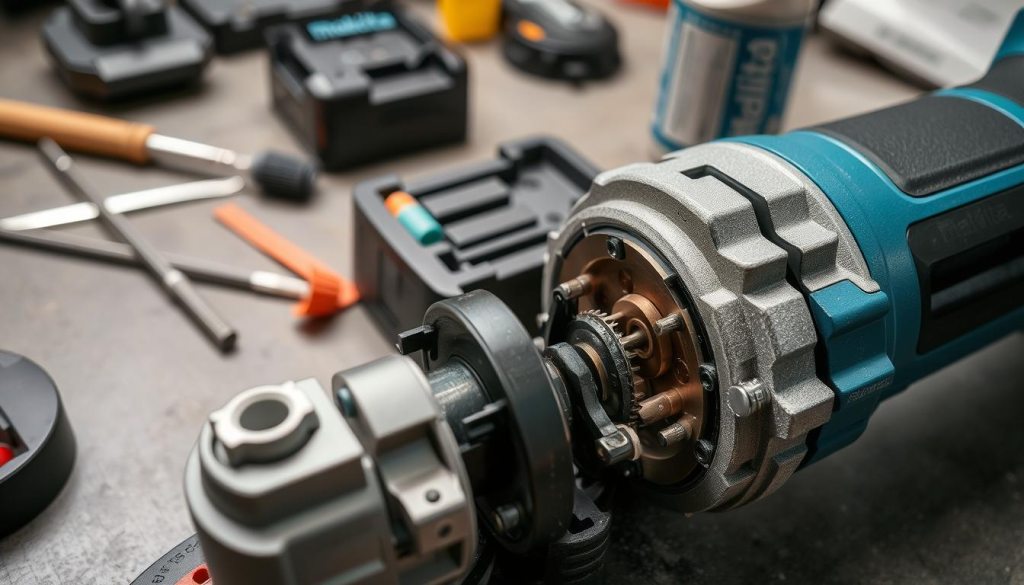 A well-lit, close-up view of a Makita cordless angle grinder undergoing maintenance. The grinder is disassembled, with the outer casing removed, revealing its internal components. The foreground showcases the brushless motor, gearbox, and trigger assembly in crisp detail. The middle ground features the battery pack being inspected and cleaned, while the background shows a work surface with basic tools like a screwdriver, brush, and lubricating oil. The scene conveys a sense of precision, care, and technical expertise required to properly maintain this powerful cordless power tool for maximum longevity.