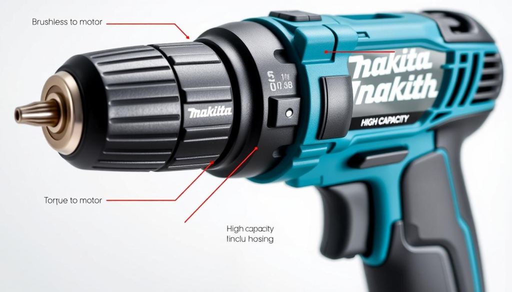 A well-lit close-up view of a Makita cordless drill, showcasing its key features. The drill is positioned on a clean, white backdrop, allowing the details to stand out. The brushless motor is prominently displayed, highlighting its power and efficiency. The ergonomic handle with rubber grips is clearly visible, demonstrating the drill's comfortable and secure grip. The large, easy-to-read display panel is in focus, revealing the drill's settings and battery level. The high-capacity lithium-ion battery is shown, emphasizing the tool's long-lasting performance. The metal gear housing and durable casing convey the drill's robust construction. The various speed and torque settings are subtly hinted at, suggesting the versatility of the power tool.