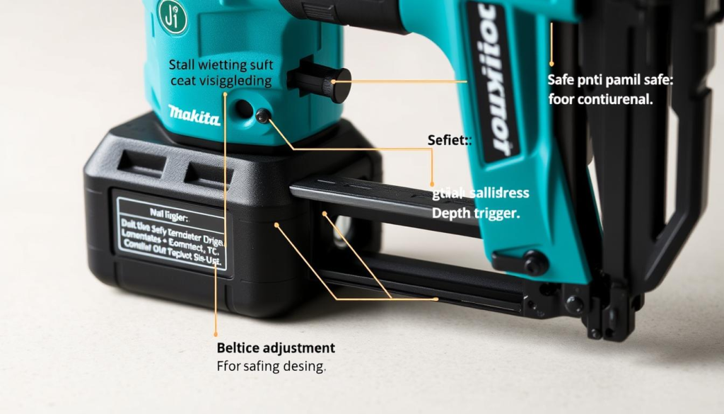 A well-lit, close-up view of a Makita cordless finish nailer, showcasing its safety features. The nailer is positioned on a clean, neutral-toned surface, with a clear, unobstructed view. The image highlights the tool's safety trigger, depth adjustment, and other ergonomic design elements that promote safe and controlled nail driving. The overall mood is informative and instructional, conveying the importance of using a Makita nailer safely and responsibly. The lighting is soft and natural, creating a professional, educational atmosphere.