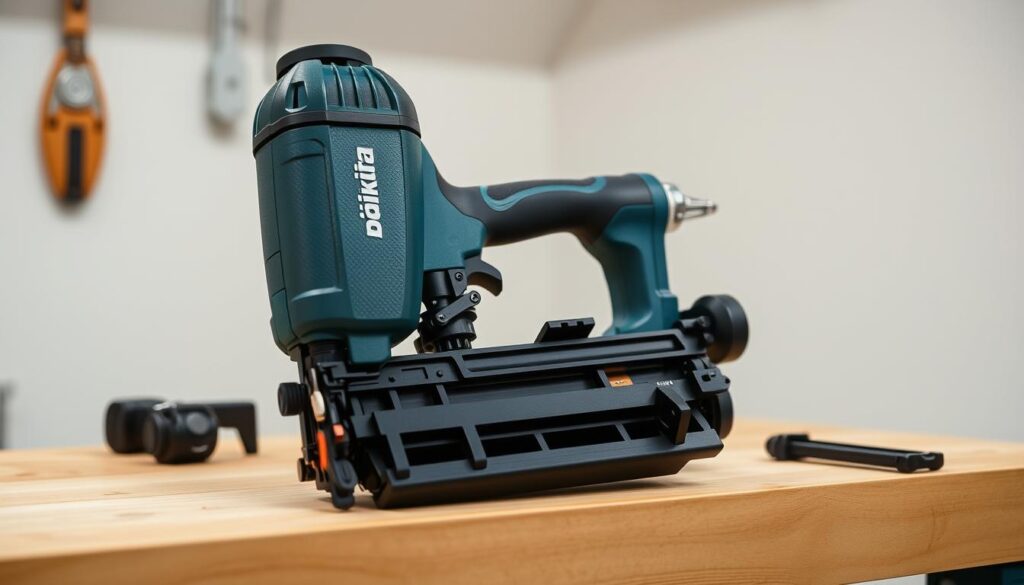 A well-lit, close-up view of a Makita cordless nailer on a clean, wooden workbench. The nailer is disassembled, revealing its internal components, such as the drive mechanism, magazine, and safety trigger. The lighting accentuates the tool's sleek, professional design and highlights the intricate details of its construction. The background is a neutral, slightly blurred workshop setting, allowing the viewer to focus on the maintenance process. The overall scene conveys a sense of precision, care, and attention to detail, reflecting the importance of proper Makita nailer maintenance.
