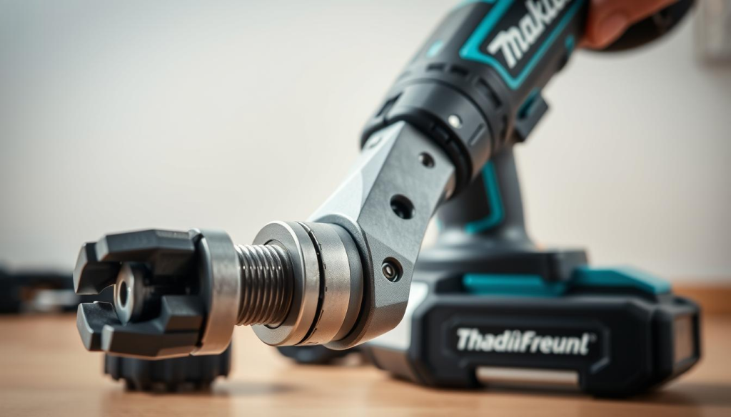 A well-lit, close-up view of a Makita cordless ratchet wrench, its components clearly visible. The ratchet mechanism is in the foreground, showcasing its intricate gears and moving parts. In the middle ground, the ergonomic handle and battery pack are depicted, highlighting the tool's balanced design. The background features a clean, neutral workspace, allowing the details of the ratchet to be the focal point. The lighting is soft and diffused, creating a sense of clarity and emphasizing the high-quality construction of the Makita ratchet. The overall composition conveys the precision and reliability of this essential home repair tool.