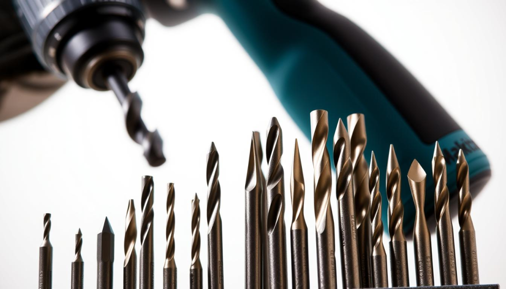A well-lit, close-up view of a Makita drill bit set against a clean, neutral background. The bits are arranged neatly, showcasing their various sizes, shapes, and types, including standard, masonry, and specialized bits. The metallic finish of the bits glistens, highlighting their high quality and durability. The overall composition emphasizes the precision and versatility of the Makita drill bit set, conveying its suitability for a wide range of DIY and professional projects.