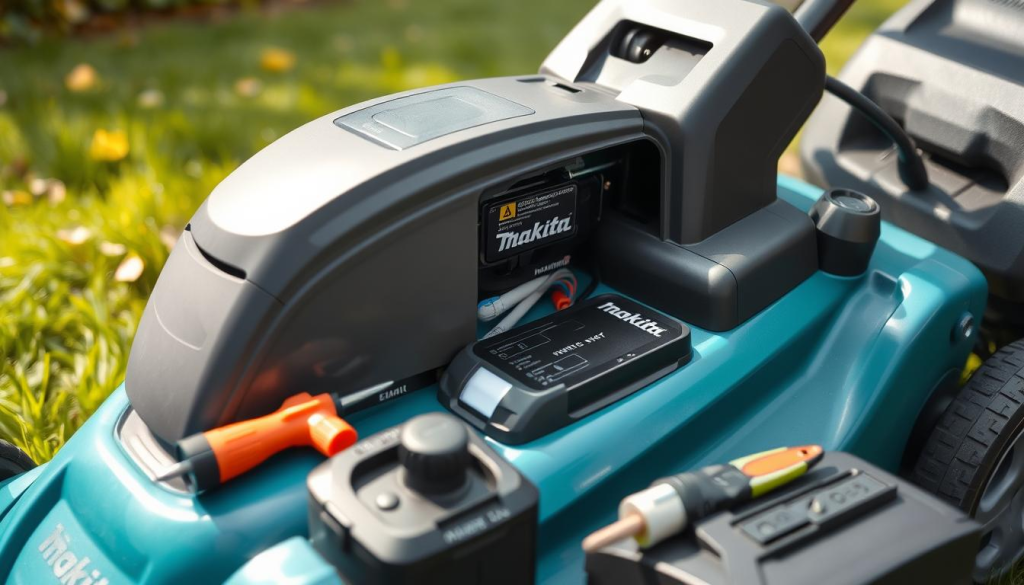 A well-lit, close-up view of a Makita electric lawn mower, its battery pack removed, with various maintenance tools and supplies arranged neatly around it. The mower's exterior is clean and pristine, highlighting its cordless design. In the background, a lush, green lawn and a few scattered leaves suggest the mower's recent use. The scene conveys a sense of organized, proactive maintenance, with a focus on the key components that require regular attention to ensure the mower's continued reliable performance.