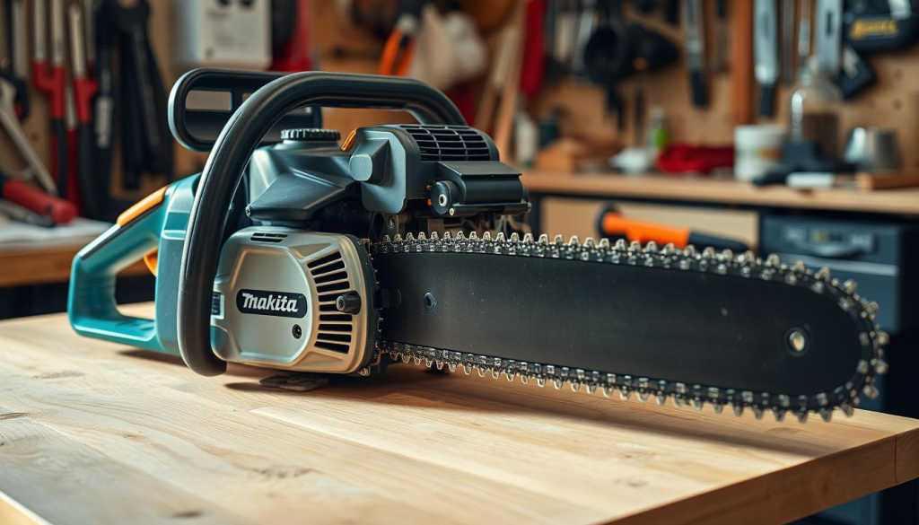 A well-lit, close-up view of a Makita gas chainsaw, its engine and components meticulously disassembled on a clean, wooden workbench. The saw is positioned at a slight angle, allowing for a detailed examination of the inner workings. Soft, natural lighting bathes the scene, highlighting the intricate mechanical details and the high-quality construction of the Makita tool. In the background, a sense of order and organization prevails, with neatly arranged tools and supplies, conveying a professional, yet approachable atmosphere for maintaining this powerful outdoor equipment.