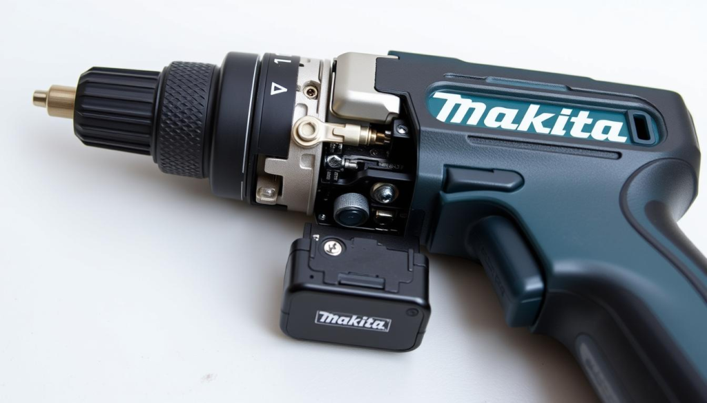 A well-lit, close-up view of a Makita impact driver with its battery removed, revealing the internal components. The driver is positioned on a clean, neutral-colored surface, allowing the focus to remain on the device itself. The lighting should be diffused and even, highlighting the textured grip, metallic housing, and visible screws and connectors. The angle should provide a clear, unobstructed view of the disassembled parts, showcasing the potential for troubleshooting and repair. The overall mood should convey a sense of technical exploration and problem-solving, in line with the "Common Issues and Solutions" section of the article.