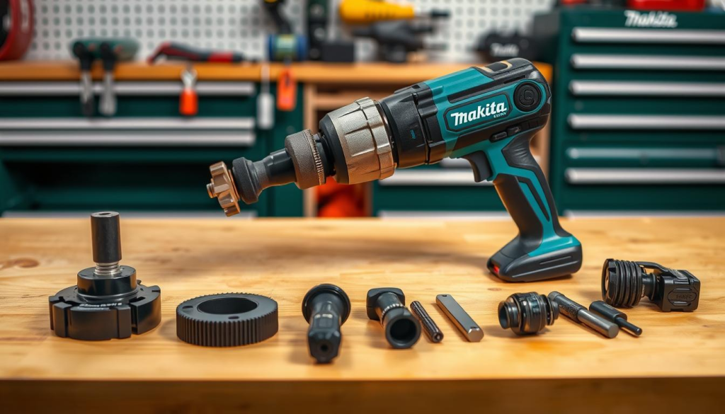 A well-lit, close-up view of a Makita impact wrench on a clean, wooden workbench. The wrench is disassembled, with its various components - including the brushless motor, gear mechanism, and chuck - laid out neatly in the foreground. The background features a set of Makita tools and a tool chest, suggesting a professional workshop setting. The lighting is soft and flattering, highlighting the intricate details of the wrench's inner workings. The overall mood is one of focused attention and diligent maintenance, conveying the importance of proper care for this powerful tool.
