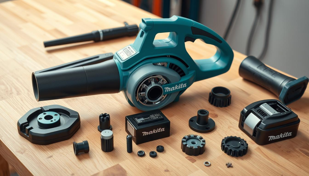 A well-lit, close-up view of a Makita mini blower on a clean, wooden workbench. The blower is disassembled, with the various components neatly arranged around it, showcasing the internal mechanisms and construction. Soft shadows and highlights accentuate the product's sleek, modern design. The scene conveys a sense of attentive maintenance, with a focus on the blower's intricate parts and the care required to keep it in optimal working condition. The overall atmosphere is one of precision, attention to detail, and the importance of proper maintenance for this compact, cordless leaf blower.