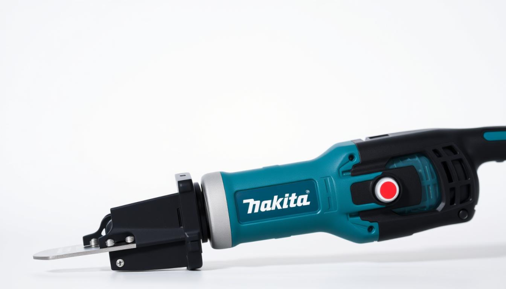 A well-lit, close-up view of a Makita oscillating tool with its safety features prominently displayed. The tool is positioned against a clean, neutral background, allowing the key safety elements to stand out. The foreground showcases the tool's guards, blade, and safety switch, while the middle ground provides context with the tool's body and ergonomic design. The background maintains a subtle, unobtrusive presence, preserving the focus on the safety-related details. The lighting is balanced, creating clear shadows and highlights to accentuate the tool's safety mechanisms. The overall mood is informative and instructive, inviting the viewer to closely examine the safety aspects of the Makita oscillating tool.